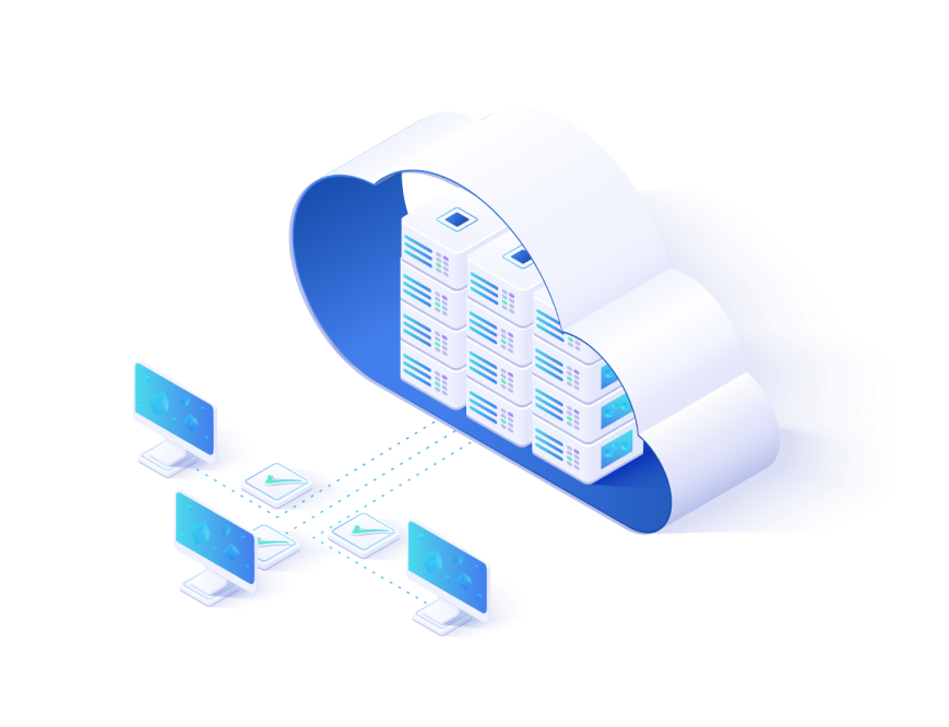 transparent background; visualisation of cloud, server, and the connection with devices and tasks