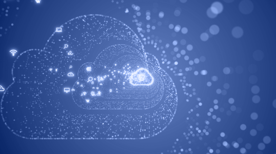 Dark blue background, futuristic visualisation of an AI-based, open and portable cloud management image: a cloud created with Icons like W-Lan, screens, search icon etc.