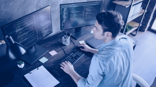 DECICE framework - which can be used by innovators. Visualisation of an IT employee working at the desk and looking in one of two monitors. Colours: blue, brown, black - professional but not stiff looking