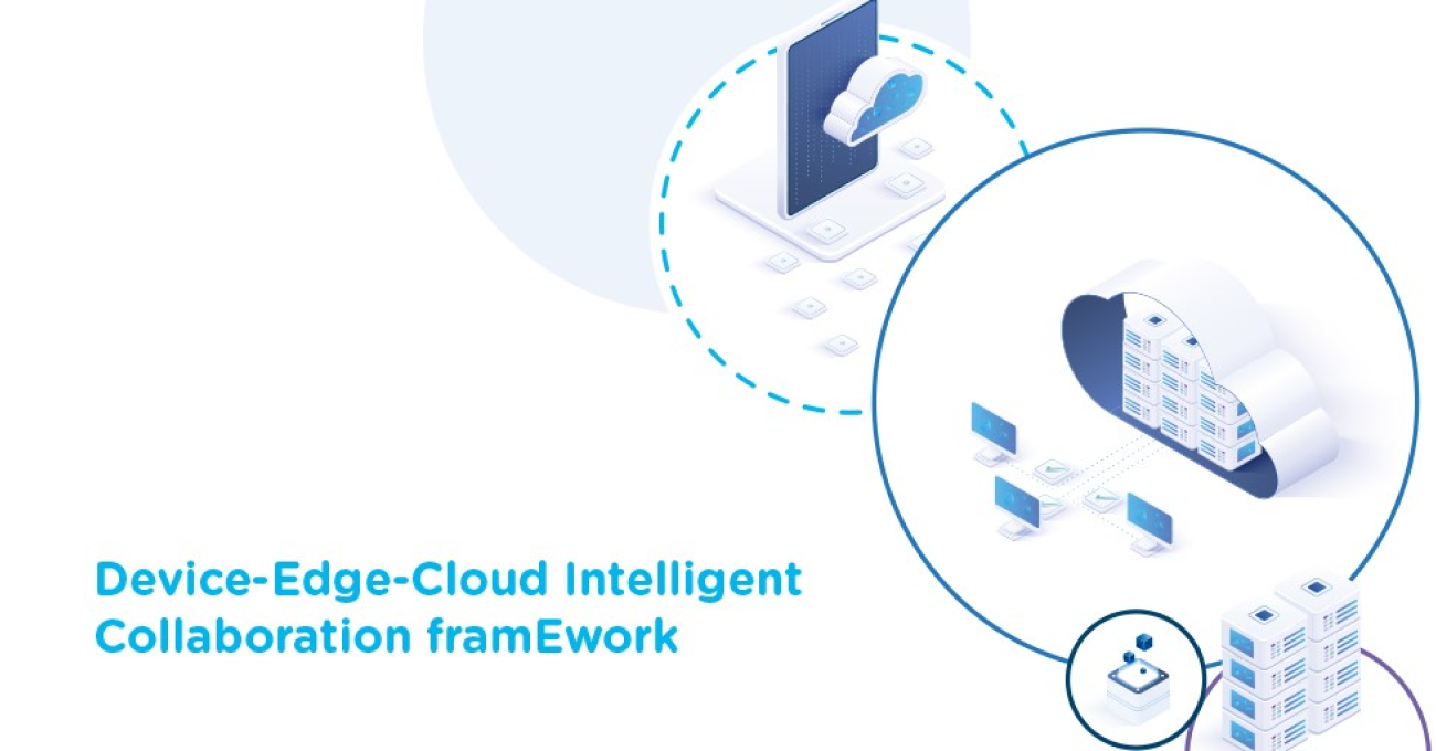 Text: Device-Edge-Cloud Intelligent Collaboration Framework; light and minimalistic visualisation of server, cloud, edge, IoT, data, connected devices; DECICE project colours: white, light and dark blue, purple
