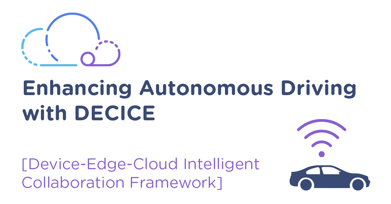 Enhancing Autonomous Driving with DECICE; DECICE Icon (Cloud in project identity colours: light blue, middle and lila) and a car with a connection symbol