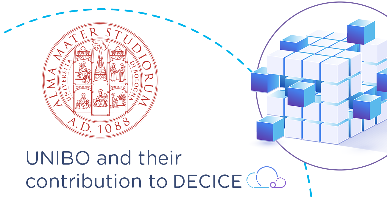 UNIBO and their contribution to DECICE; UNIBO Logo, and DECICE Logo, dynamic looking cube in project identity colours (light blue, middle and dark blue as well es lila)