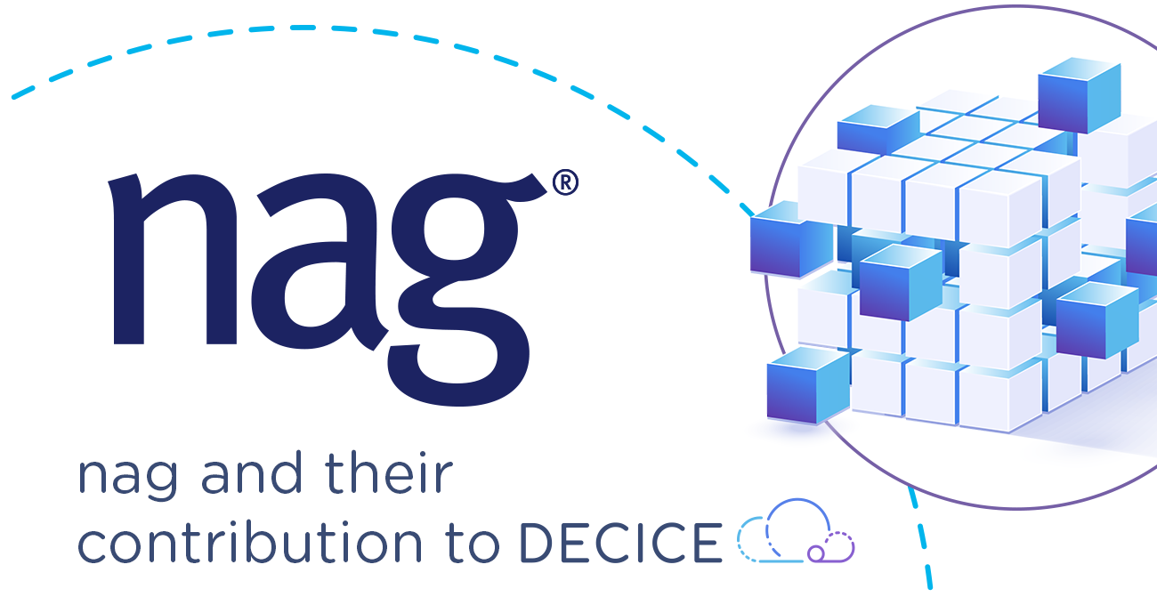 nag and their contribution to DECICE; nag Logo, and DECICE Logo, dynamic looking cube in project identity colours (light blue, middle and dark blue as well es lila)