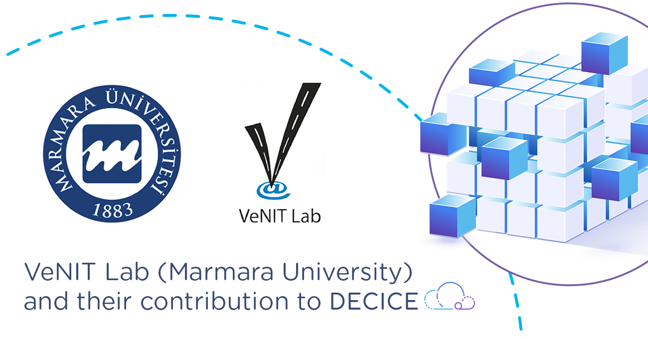 Marmara University and their contribution to DECICE; MARUN Logo, and DECICE Logo, dynamic looking cube in project identity colours (light blue, middle and dark blue as well es lila)