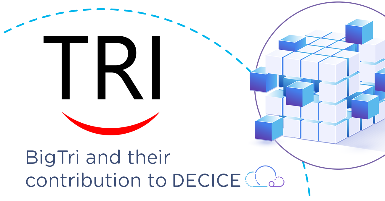 BIGTRI and their contribution to DECICE; BIGTRI Logo, and DECICE Logo, dynamic looking cube in project identity colours (light blue, middle and dark blue as well es lila)
