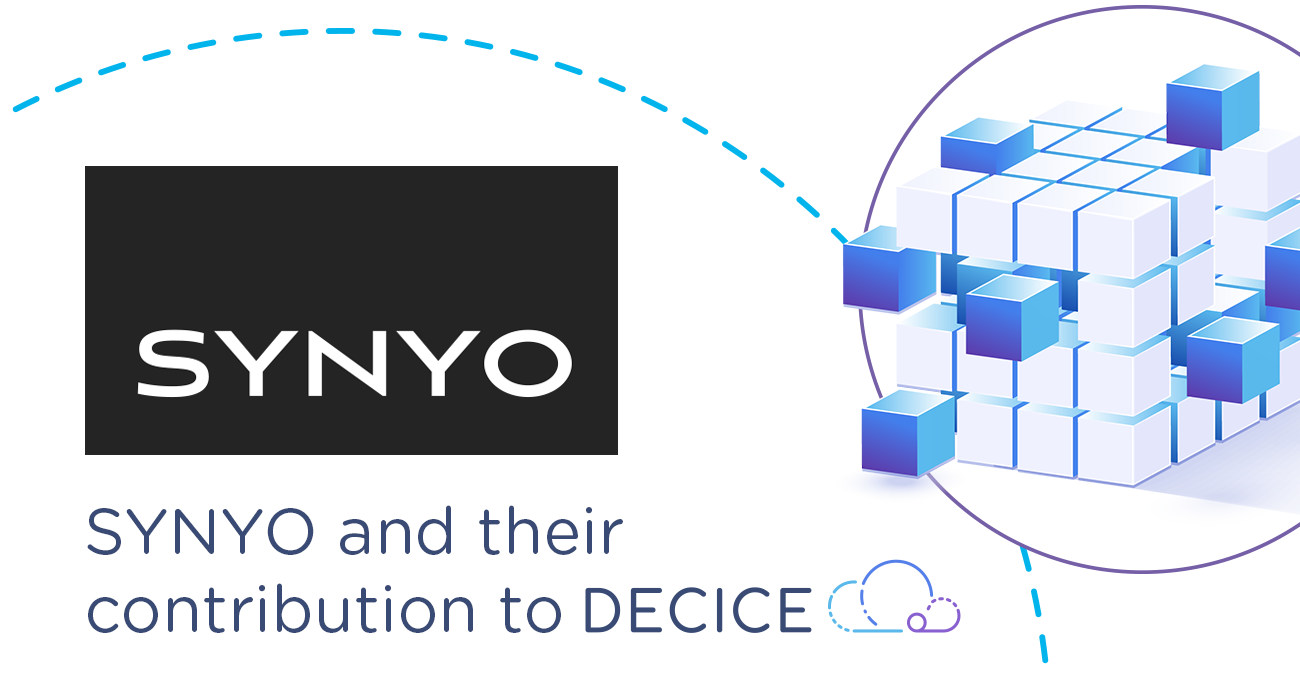 SYNYO and their contribution to DECICE; SYNYO Logo, and DECICE Logo, dynamic looking cube in project identity colours (light blue, middle and dark blue as well es lila)