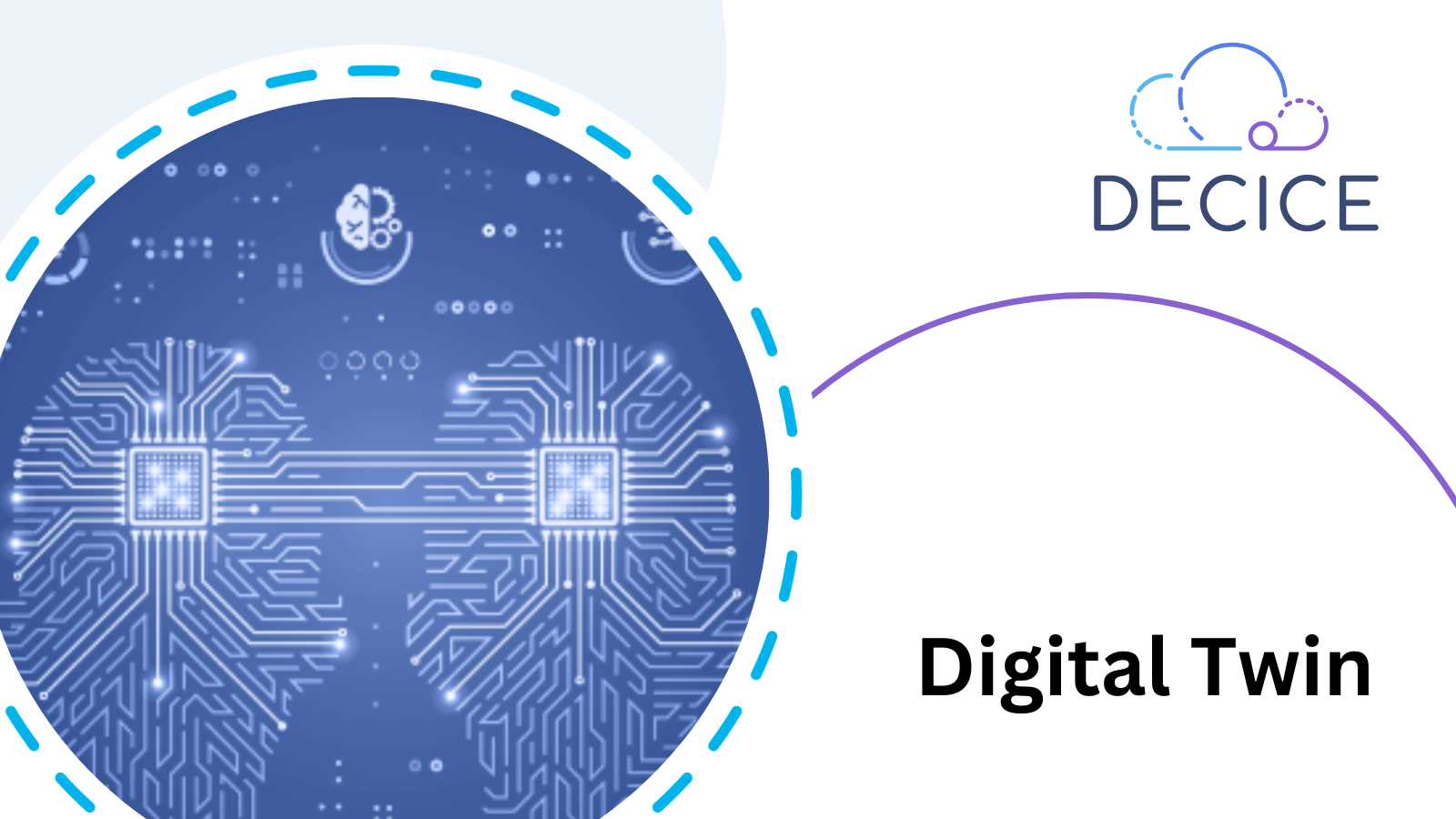 Digital Twin; Visualisation of a Digital Twin: two heads are connected with each other; background: cricles in project identity colours (light and dark blue, purple); DECICE Logo