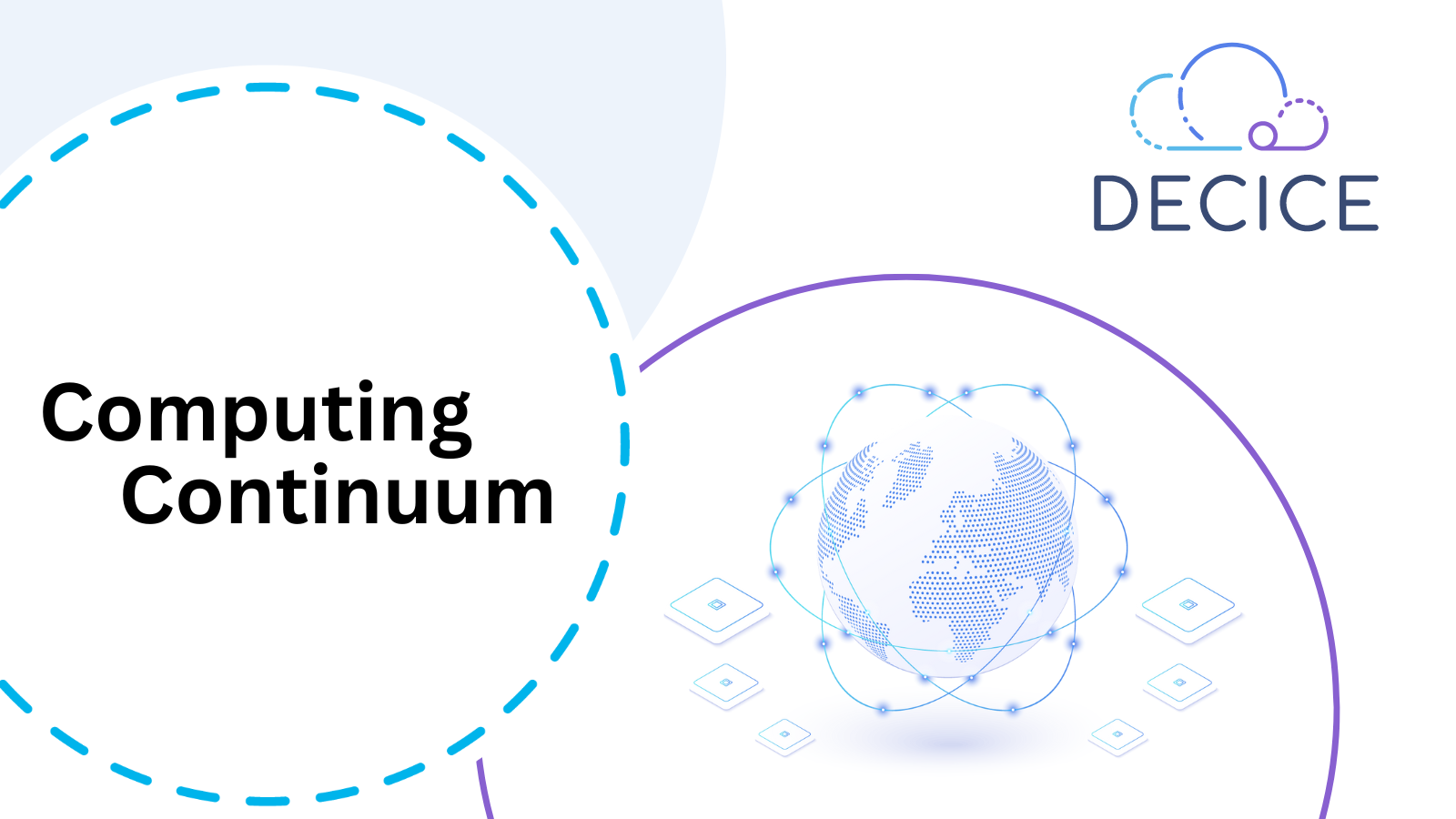 Computing Continuum; Image of a connected world; background: cricles in project identity colours (light and dark blue, purple); DECICE Logo