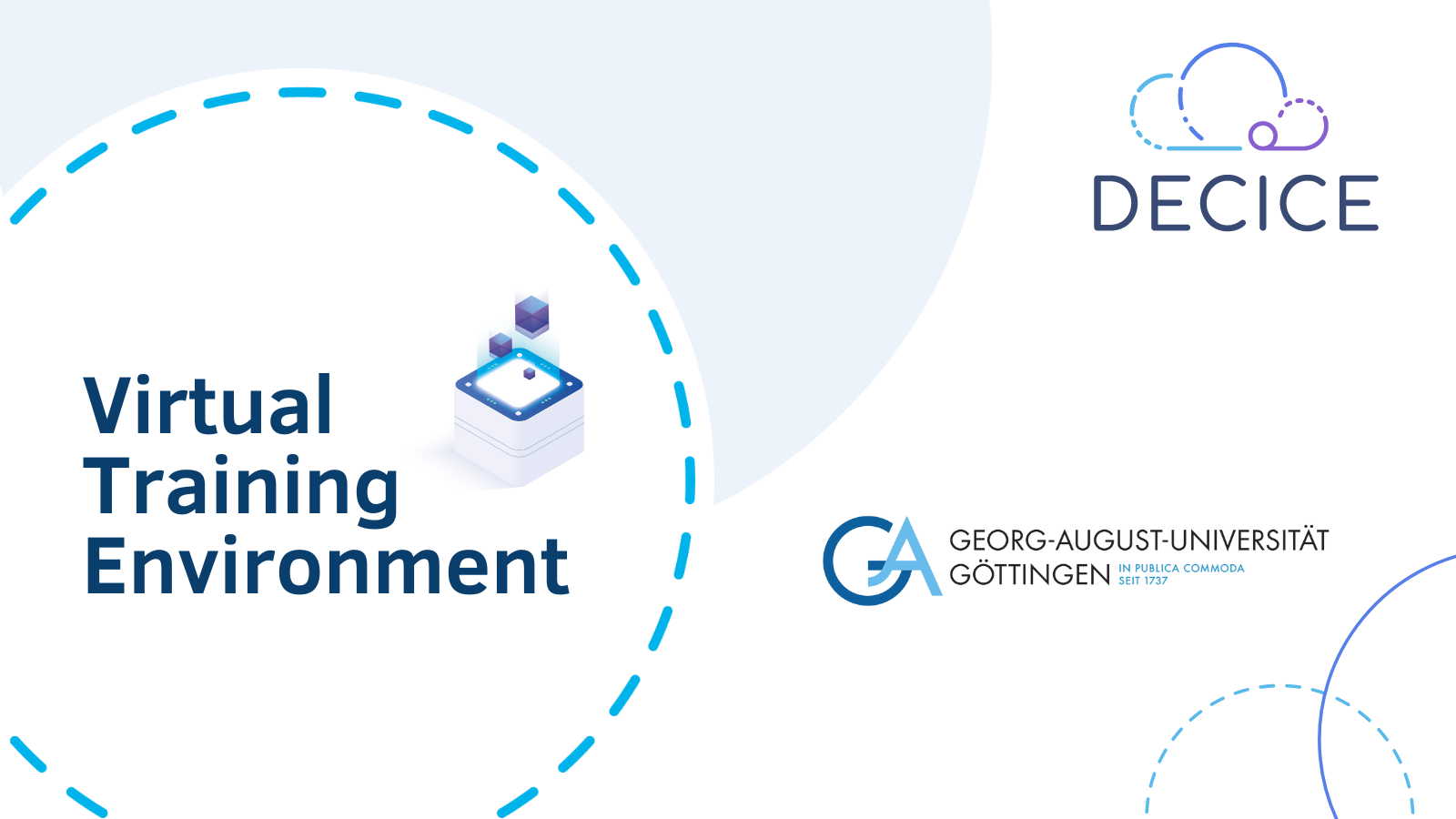 Training a scheduler – the Virtual Training Environment, University of Göttingen and DECICE Logo, visualisation of a server and a projection of cubes